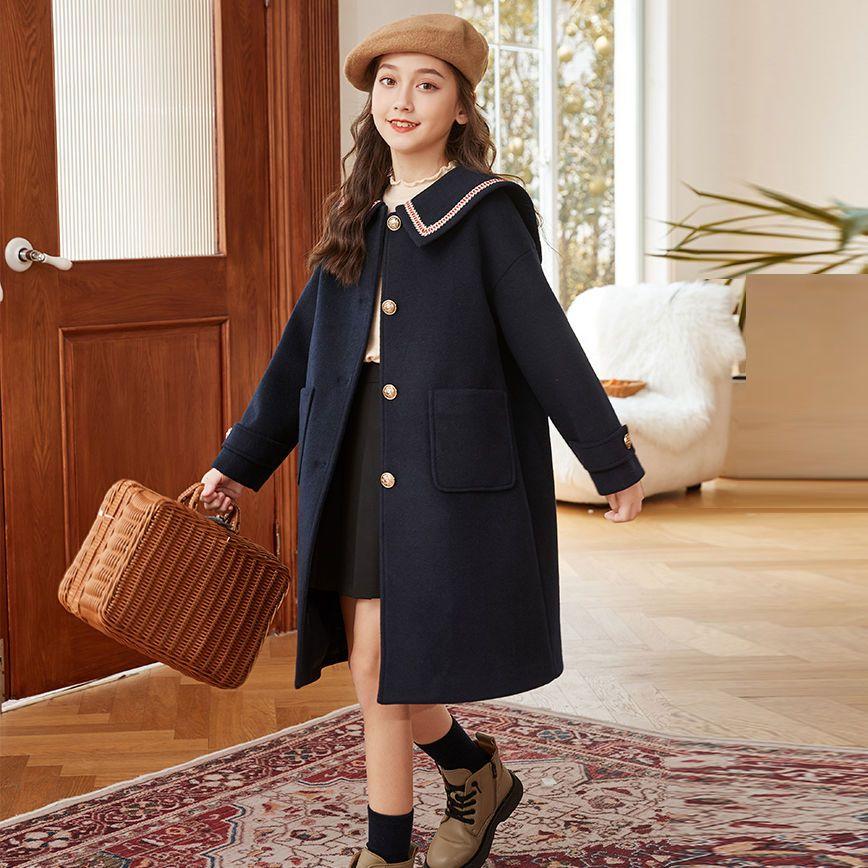 

Girls Fashionable Woolen Coat, Autumn and Winter Children s School Woolen Overcoat 160 Темно-синій