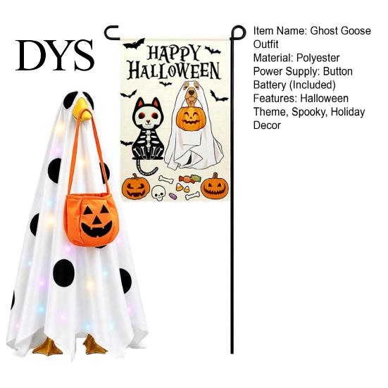 Spooky Cute Seasonal Decor Halloween Lighted Ghost Porch Goose Outfit And Flag Set for 23 Inch Statue, Clothes with Pumpkin Bucket Outdoor Patio Yard