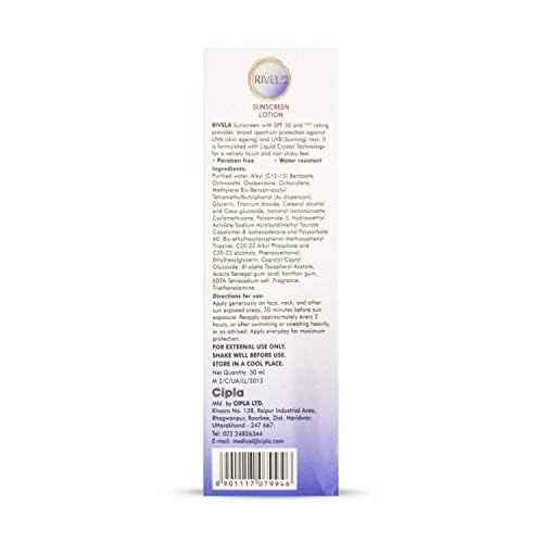 Cipla Rivela Sunscreen SPF 50 Lotion 50 Ml Broad-Spectrum UVA UVB Sun Protection Hydrating