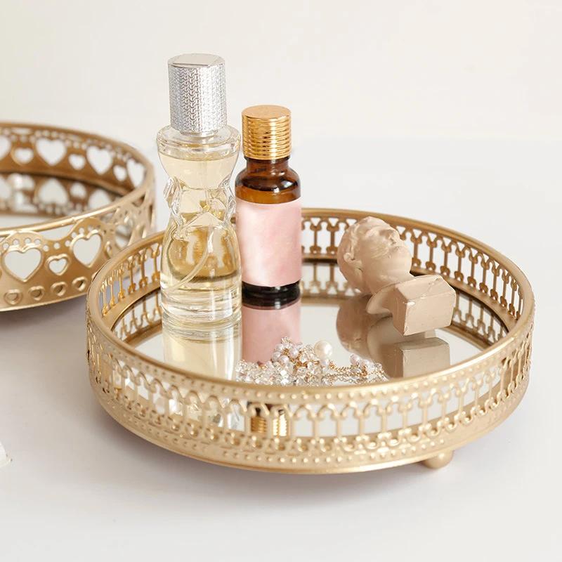 Retro Style Golden Iron Delicate Glass Mirror Base Tray Desktop Jewelry Cosmetic Storage  Bedroom Dessert
