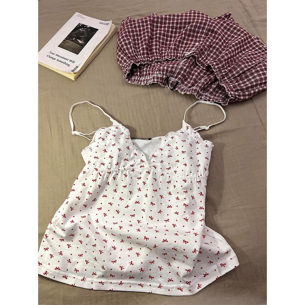 Sweet girl small floral suspender pajamas women's 1011 summer new plaid shorts set large size loungewear women