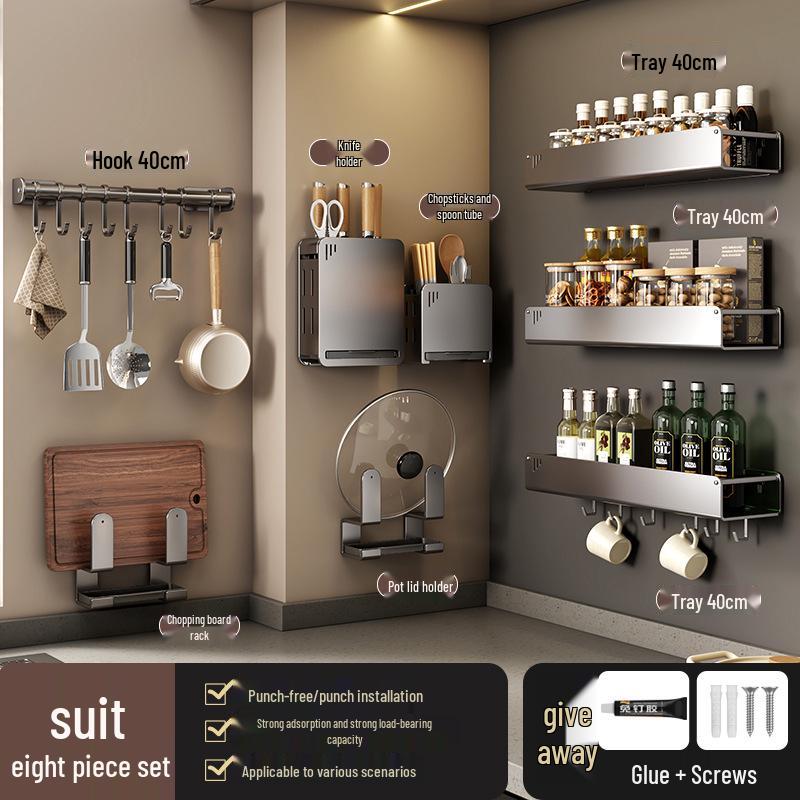 No-Drill Wall-Mounted Kitchen Storage Rack: Multifunctional Holder for Knives, Chopsticks, Pot Lids, and Seasoning Condiments