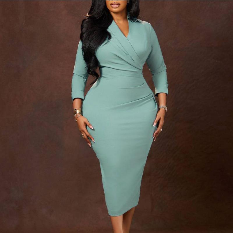 Plus Size Women Sexy Slim Fit V Neck Solid Color Bodycon Pencil Midi Dress