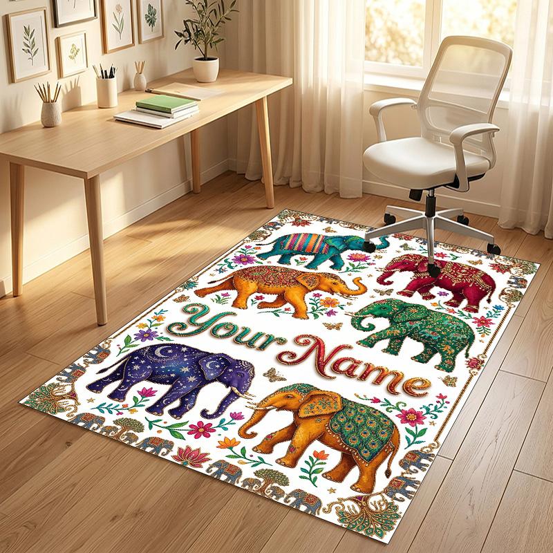 Elephant Theme Crystal Velvet Rug Personalized Custom Name Text Soft Floor Mat Home Decor