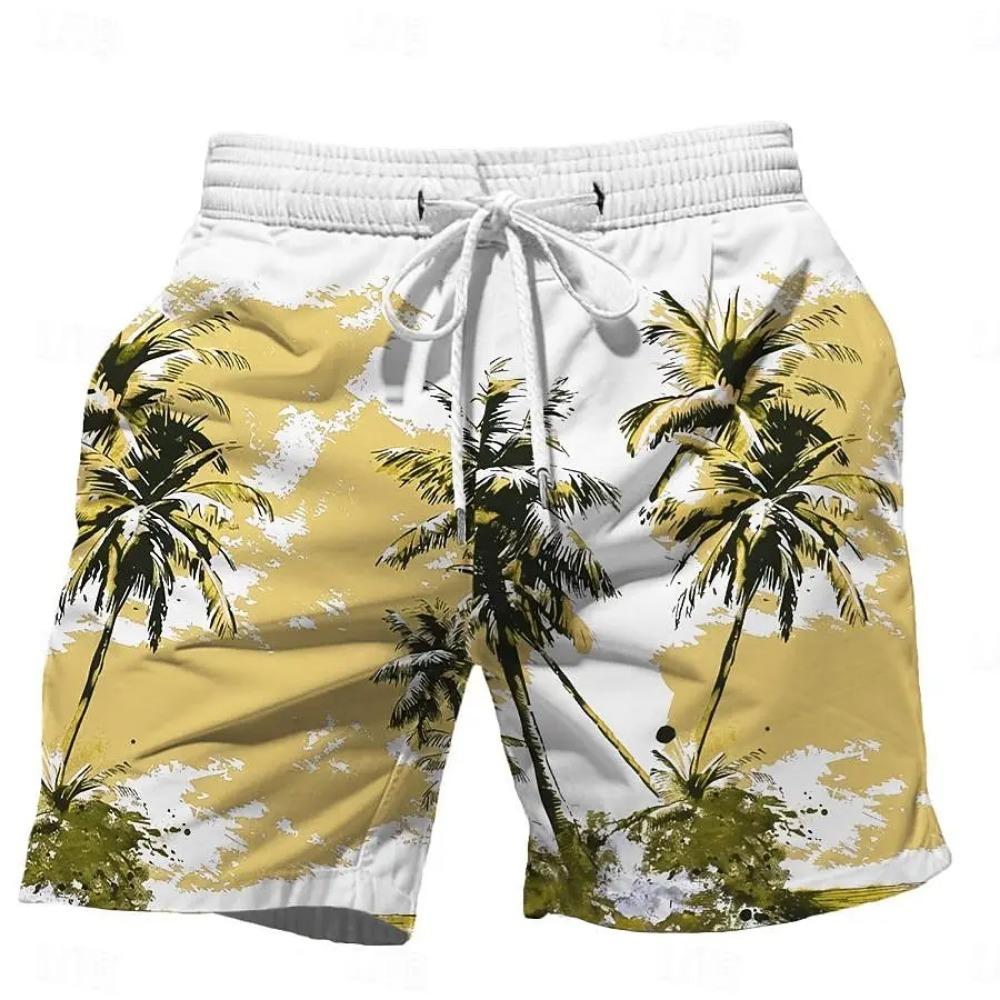 2024 Summer Oversized Casual Men's Drawstring Shorts Quick Dry Hawaii Holiday Sports Swimming Trunks Coconut Tree Printed Shorts