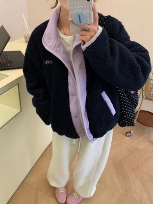 Women's Reversible Lambswool Jacket - Korean Color Block, Warm, Stand-Up Collar, Winter, Loose Fit