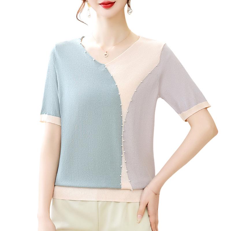 Ice Silk V-neck Summer T-shirt for Mothers and Elderly Women - Loose, Short-sleeved Knit Top
