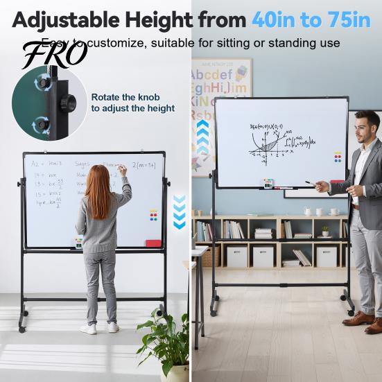Magnetic Standing Easel Board 40x28 Inch Reversible Whiteboard/Chalkboard On Wheels, Height Adjustable, 2-in-1 Mobile Whiteboard Rolling for