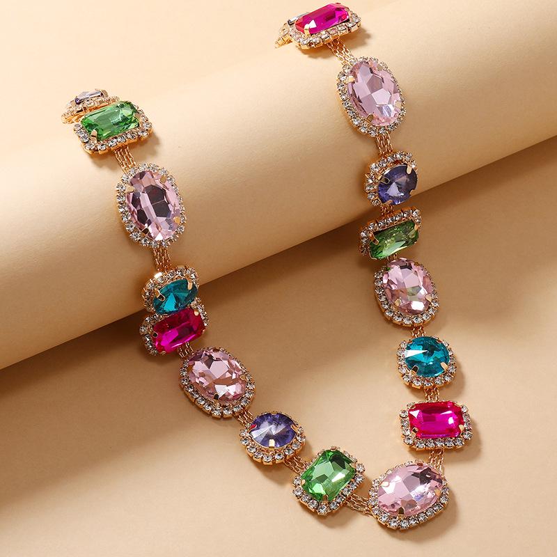 Retro Ingelegde Gekleurde Diamant Sleutelbeen Ketting - Damesmode, Uniek Ontwerp