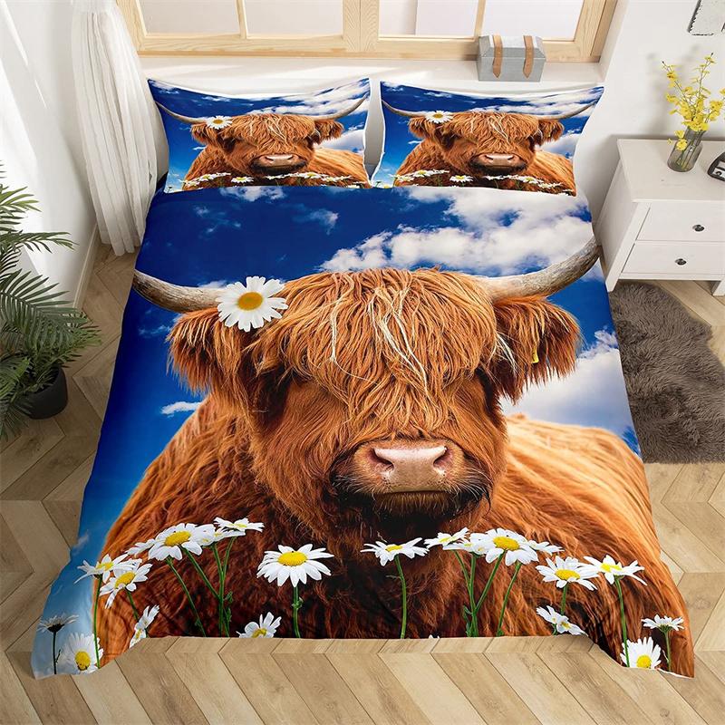 Highland Cow Bedding Set Polyester Bull Cattle Flowers Quilt Cover Western Wild Animal Duvet Cover Farmhouse Cow Bedspread Cover