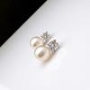 Four Prong Round Clear Stone Top White Pearl Drop Stud Earrings Classic Two Part Dangle Earrings for Women Daily Wedding Jewelry