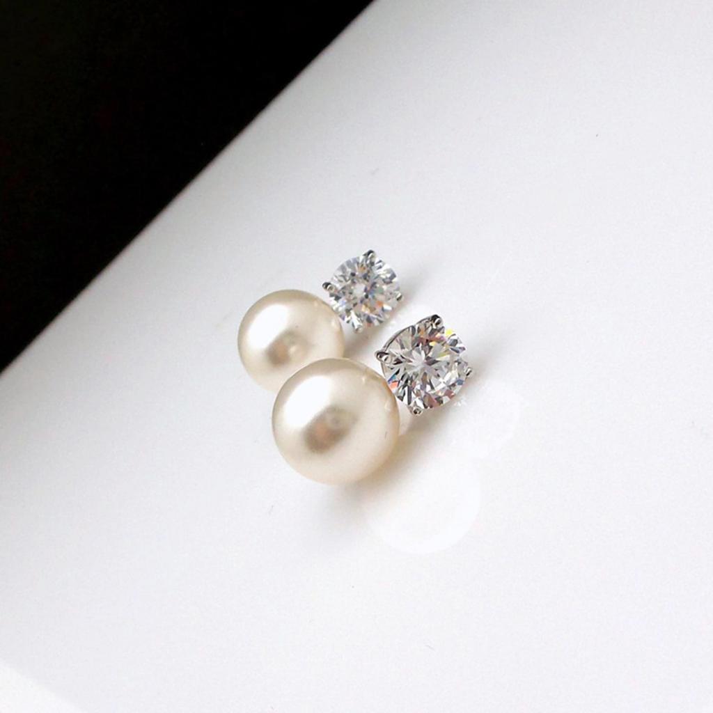 Four Prong Round Clear Stone Top White Pearl Drop Stud Earrings Classic Two Part Dangle Earrings for Women Daily Wedding Jewelry
