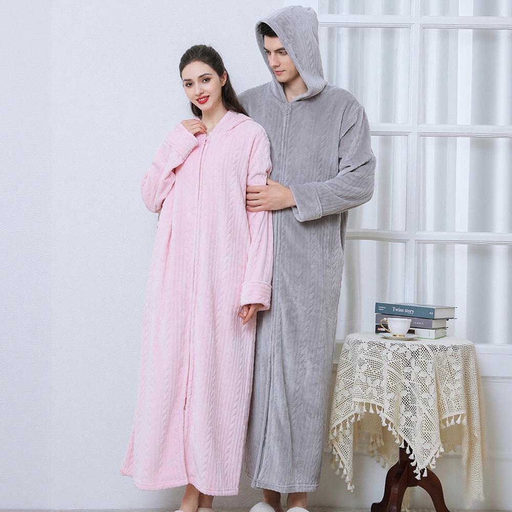 Winter Flannel Hooded Nightgown: Thick Coral Fleece, Long Sleeve, Plus Size, Ready Stock