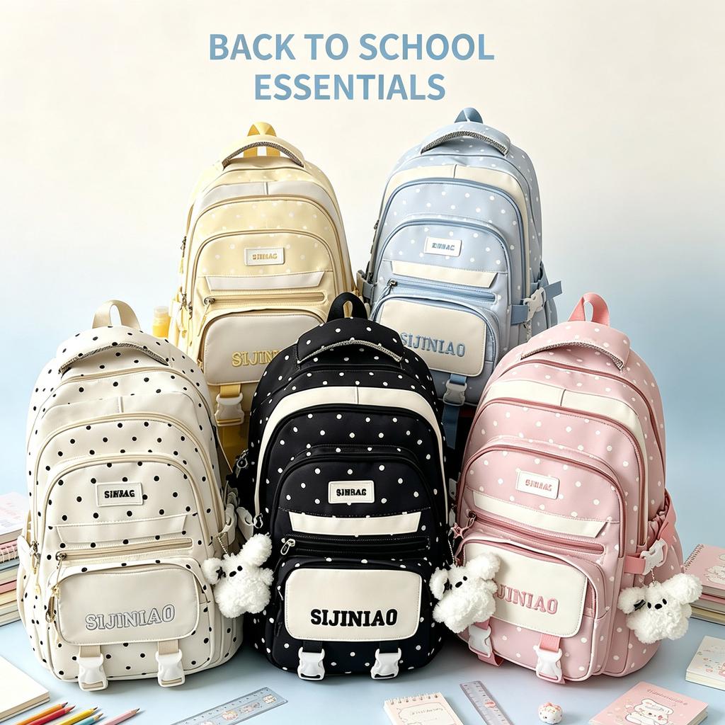 Girls Lightweight School Backpack with Polka Dot Color Block and Charm Pendant for Teen Students