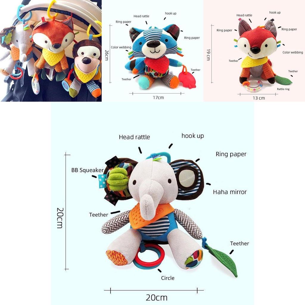 Weiches und buntes Plüschtier für Babys mit verschiedenen Texturen und Beißring für sensorisches Spiel