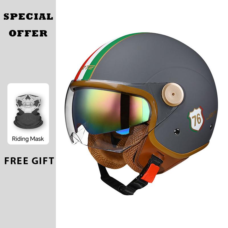 Men's Motorcycle Helmets Daul Lens Vintage Retro 3/4 Open Face Helmet Moto Equipment Four Seasons Double Visor Jet Helmet