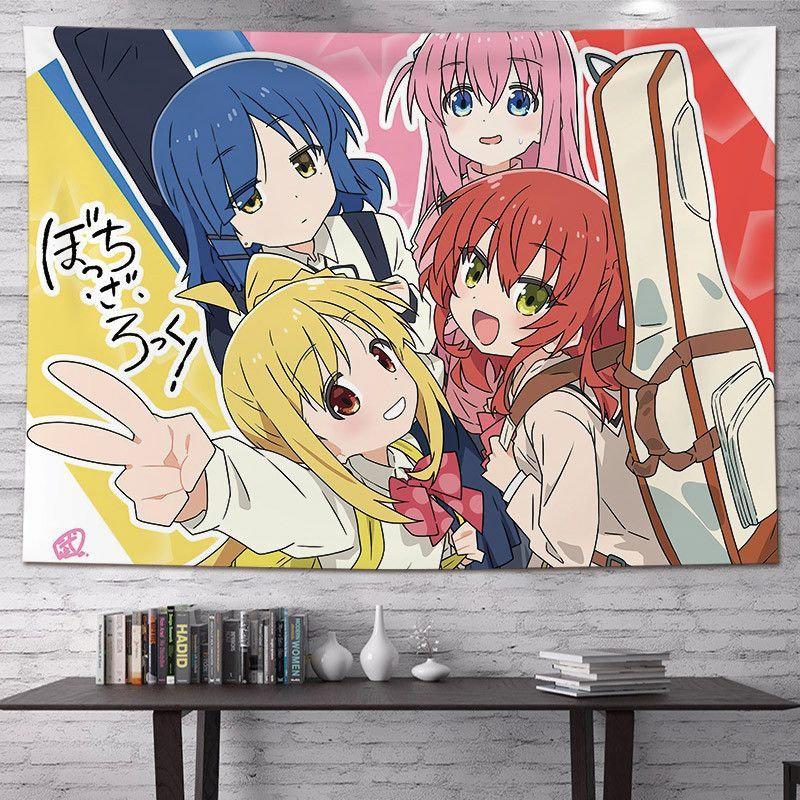 Anime Girls Friendship Tapestry Wall Hanging Peace Sign Guitar Case Colorful Aesthetic Wall Art Indie Dorm Decor