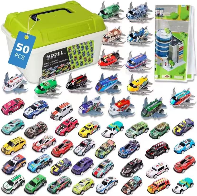 Children's Alloy Toy Car & Pull-back Airplane Set with Storage Box