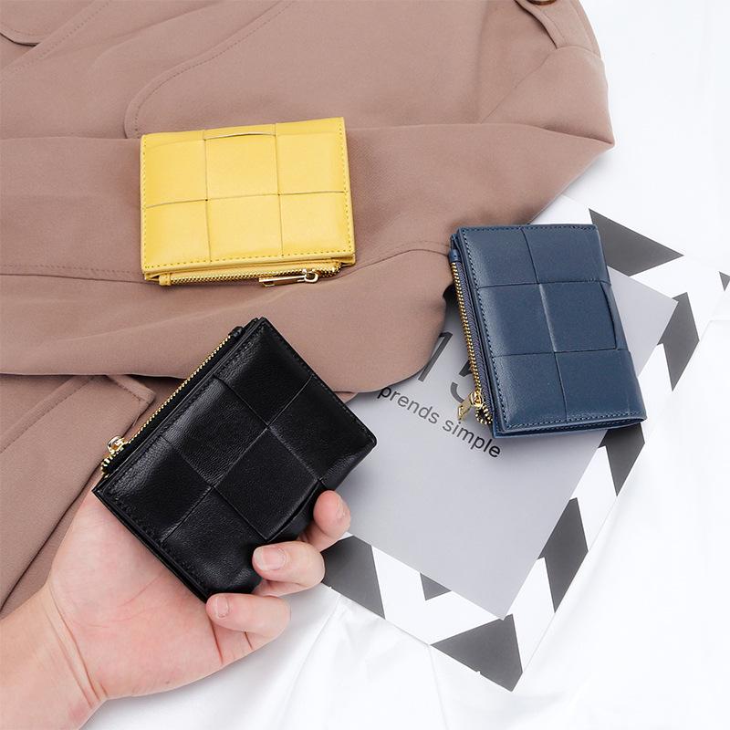 Women's Short Lambskin Woven Wallet: Foldable Card Holder & Zipper Coin Purse (2025)