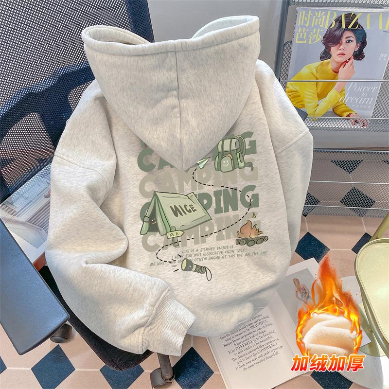 Retro Hong Kong Style Printing Men's Guochao Velvet Thickened Autumn and Winter Women's Hooded Pullover Sweater Casual