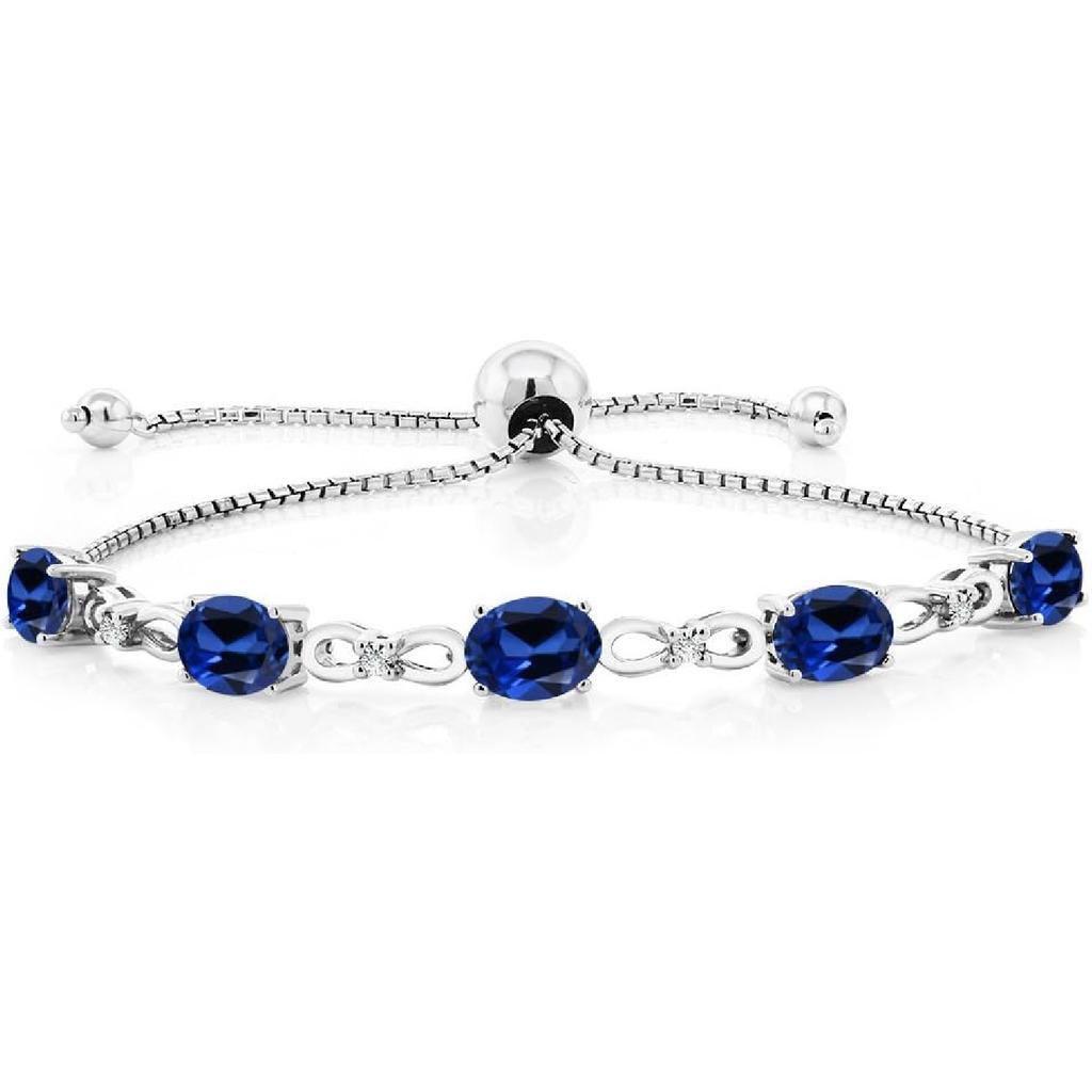 Gem Stone King 3-6 Cttw Gemstone Birthstone and Accent Lab Grown Diamond Tennis Bracelet For Women | 925 Sterling Silver | 7X5MM Oval | Adjustable