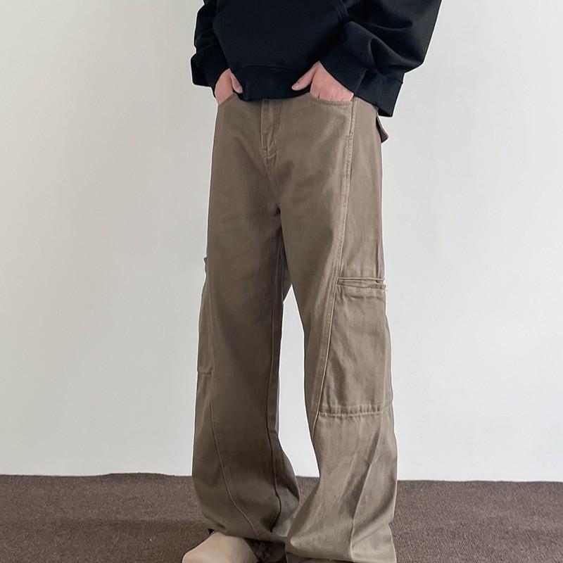 Mens Vintage Brown Cargo Jeans High Street Straight Leg Flare Fit Denim Pants