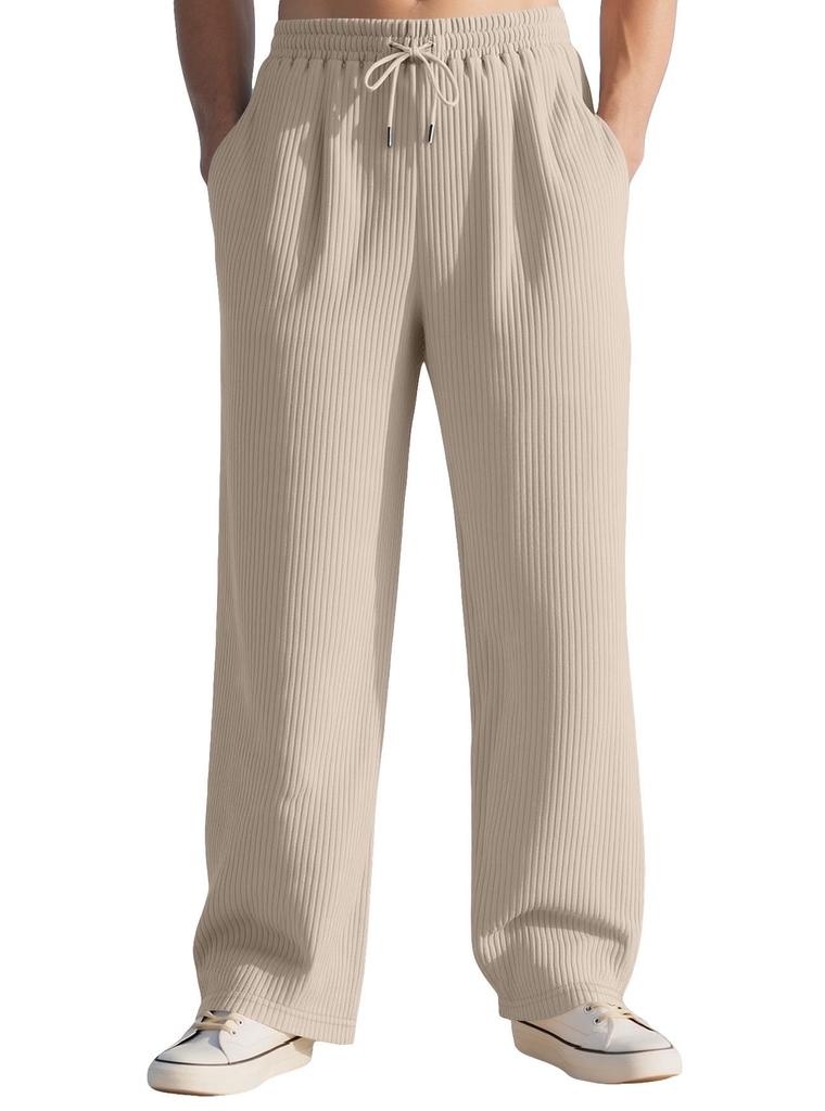 European Striped Wide-Leg Men's Casual Ribbed Drawstring Trousers: Large Size, Spring-Autumn, Straight-Leg, Loose Fit.