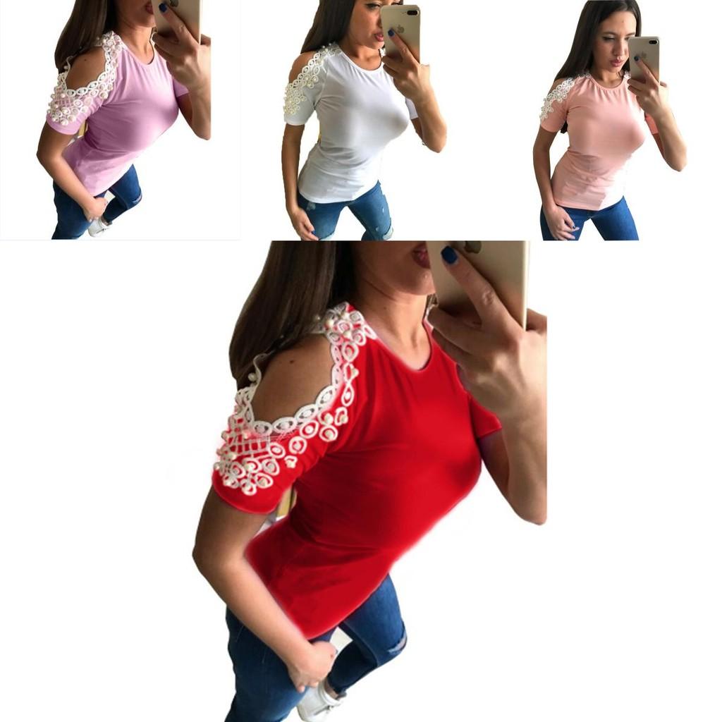 Trendy Women Short Sleeve Off Shoulder Lace Splice Blouse With Comfortable Fit