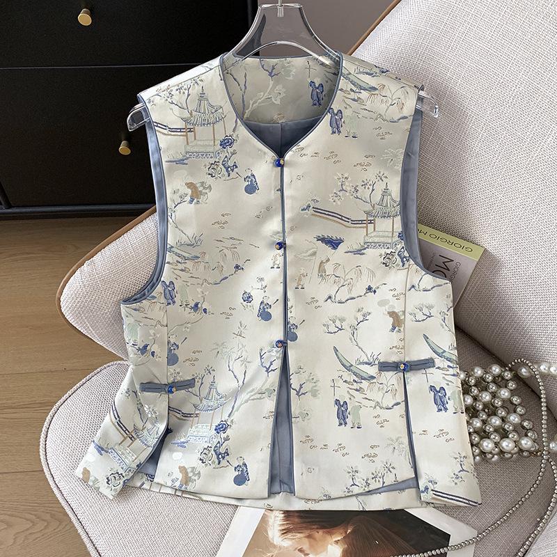 

Gold Weave Jacquard Hanfu Vest with Heavy Embroidery & Frog Buttons L светло-синий