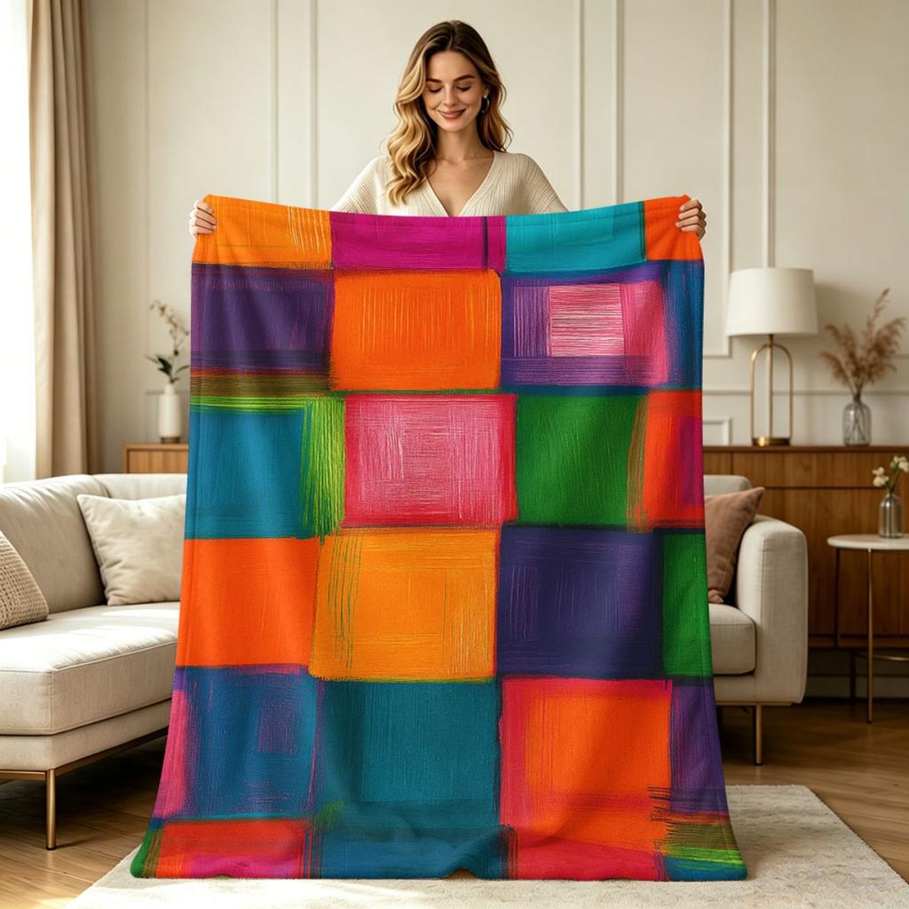 Soft Flannel Blanket with Bold Color Block Geometric Print All Season Warm Throw Blanket for Couch Bed Living Room Office Lounge Home Decor