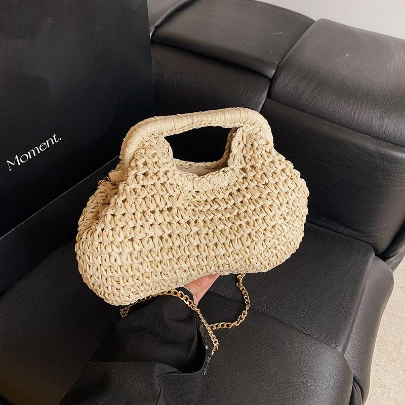 Elegant Summer Weave Chain Straw Bag Leisure Boho Straw Shoulder Bag Beach Casual Bucket Handbag For Ladies/Girls