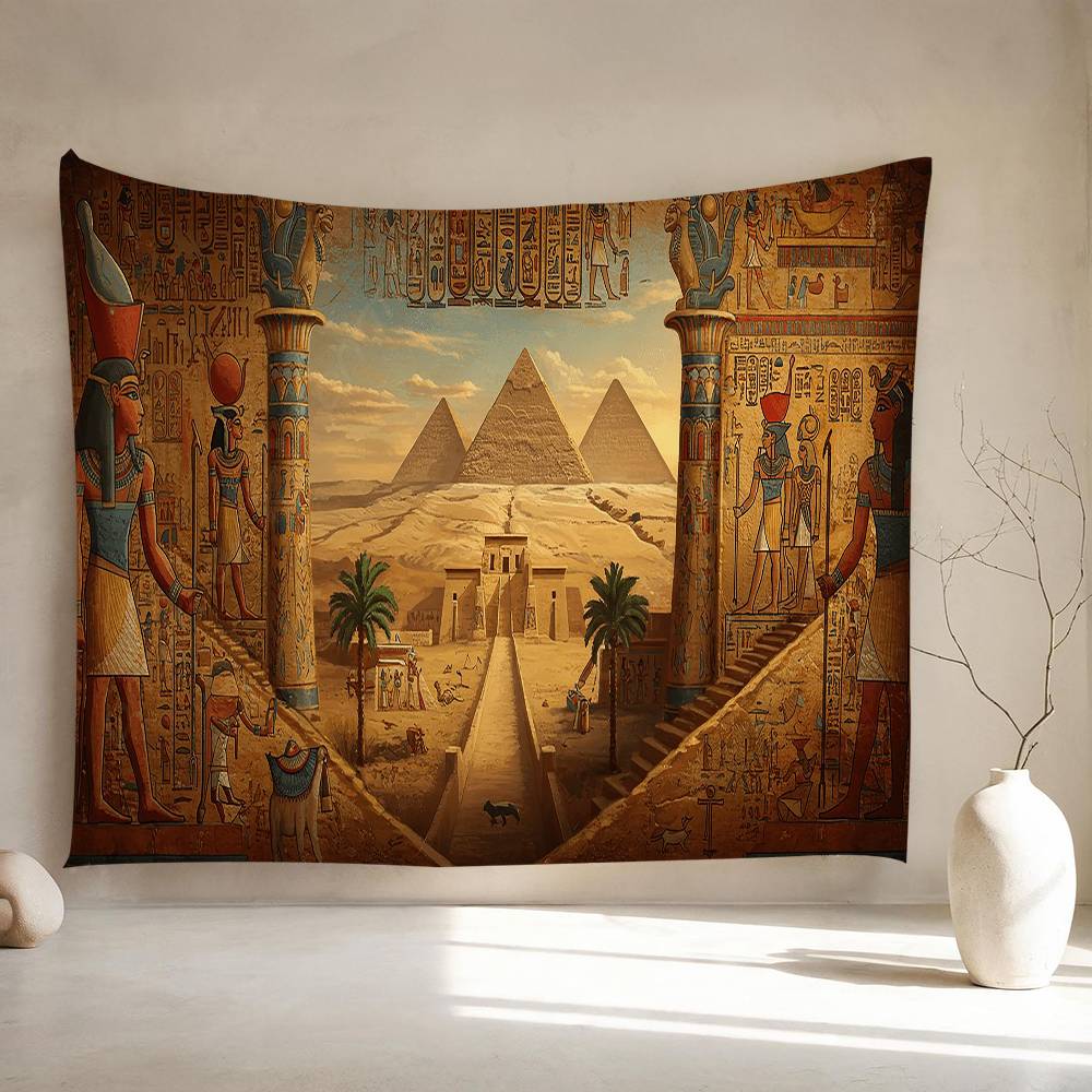 Vintage Egyptian Mural Pyramid Cartoon Tapestry Art Science Fiction Room Home Decor Wall Hanging Sheets 100X70CM
