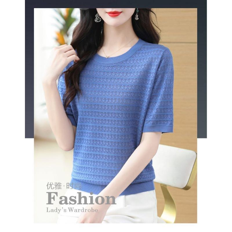 New Thin Ice Silk Mulberry Silk Short Sleeved T-shirt Round Neck Loose Slimming Knitted Top for Women