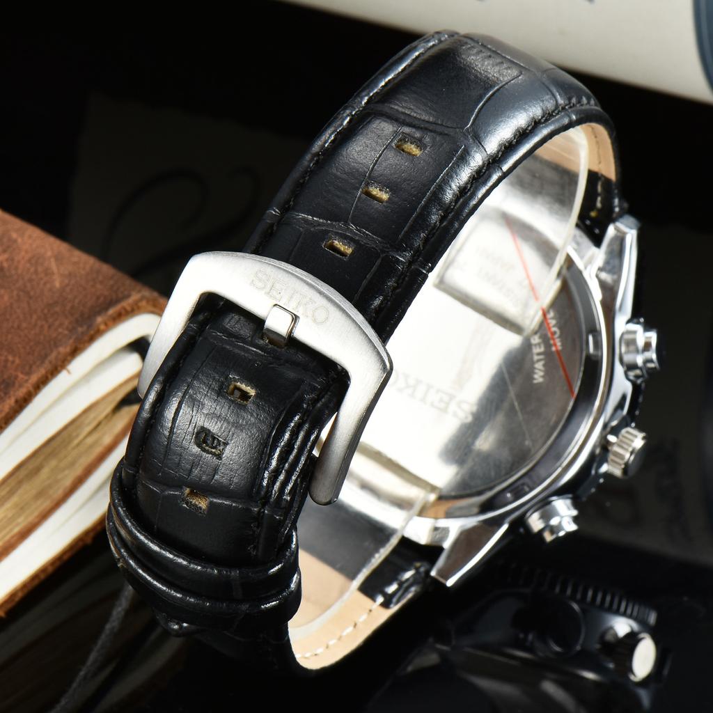 SEIKO Herren Quarz Chronograph Uhr Edelstahl / Lederarmband Tachymeterlünette Leuchtzeiger Datum Sport Business Herren Armbanduhr