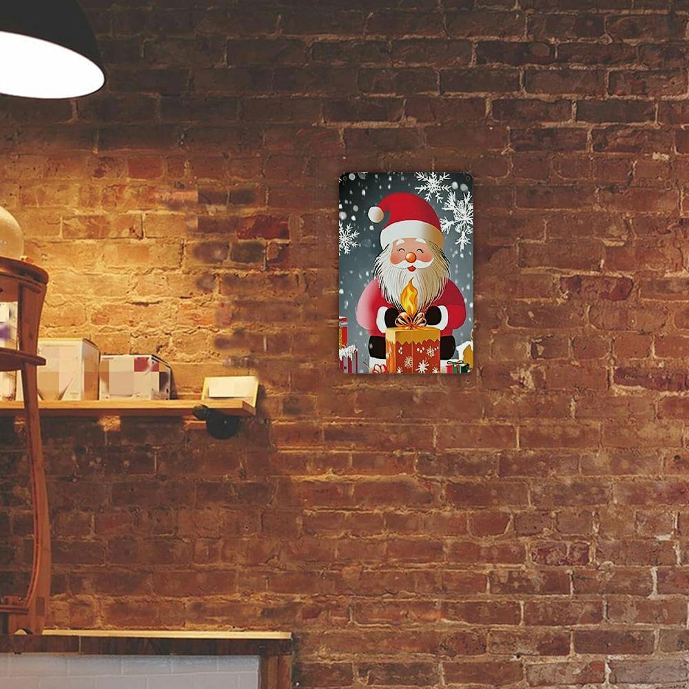 Christmas Metal Tin Sign Wall Decor - Santa Claus with Gift Box and Snowflakes - Festive Holiday Wall Art for Home, Party Decor