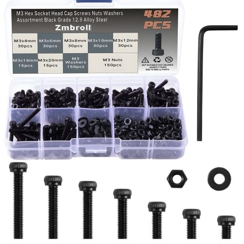 

Zmbroll M3 480-Piece Black Alloy Steel 12.9-Row Hex Socket Head Bolt Nut Washer Set with Wrench