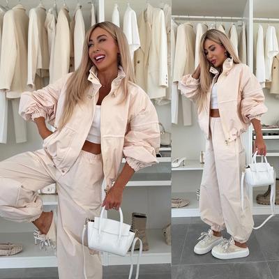 Completo casual da donna a 2 pezzi Giacca Cardigan con zip e colletto Pantaloni jogger con coulisse Tuta da casa/allenamento