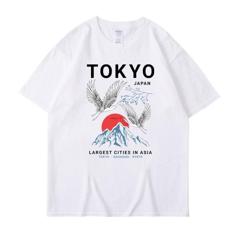 Teen Boys' Cotton T-shirt Summer Casual Graphic Tee Short Sleeve 2025  Japanese Style Tokyo Crane 2D Printed Round Neck Casual Short Sleeve Unisex T