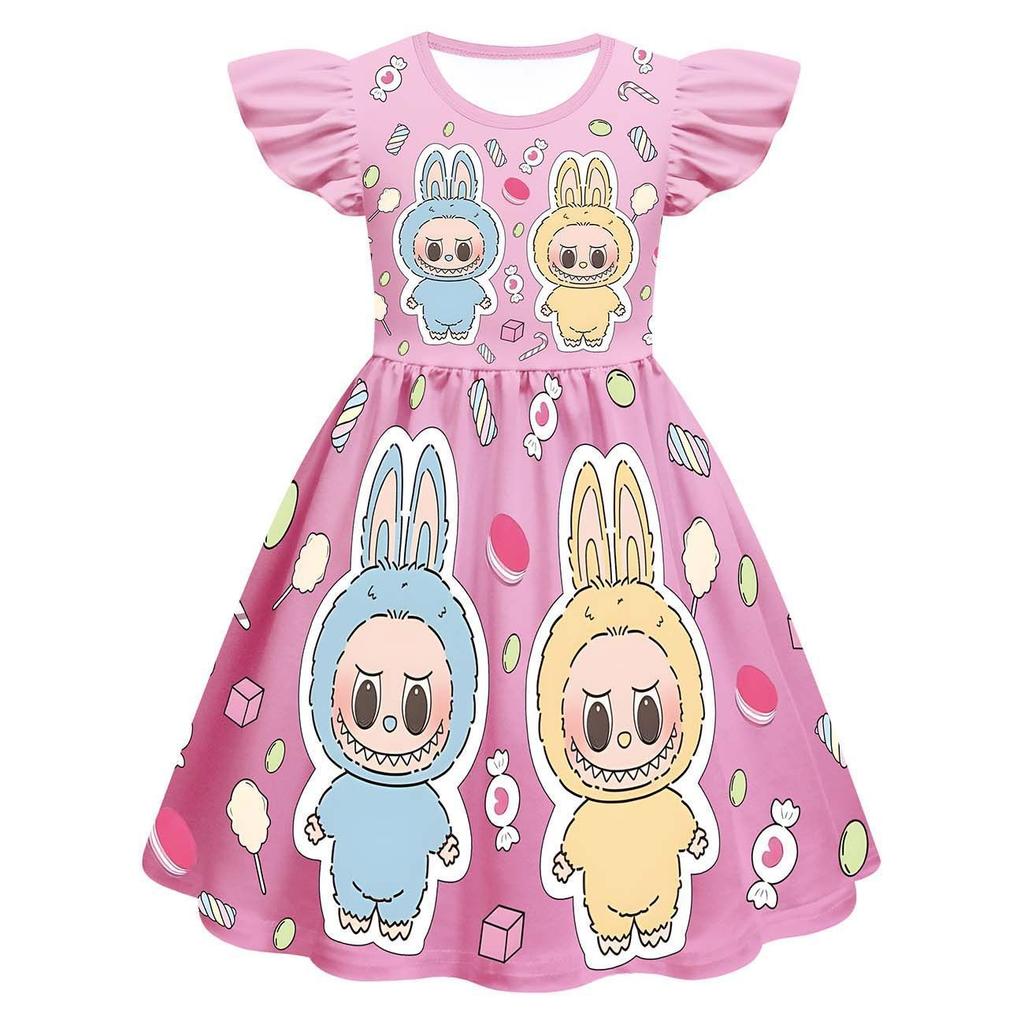 New Children'S Dress Cosplay Labubu Girls Flying Sleeve Skirt 3D Digital Printing