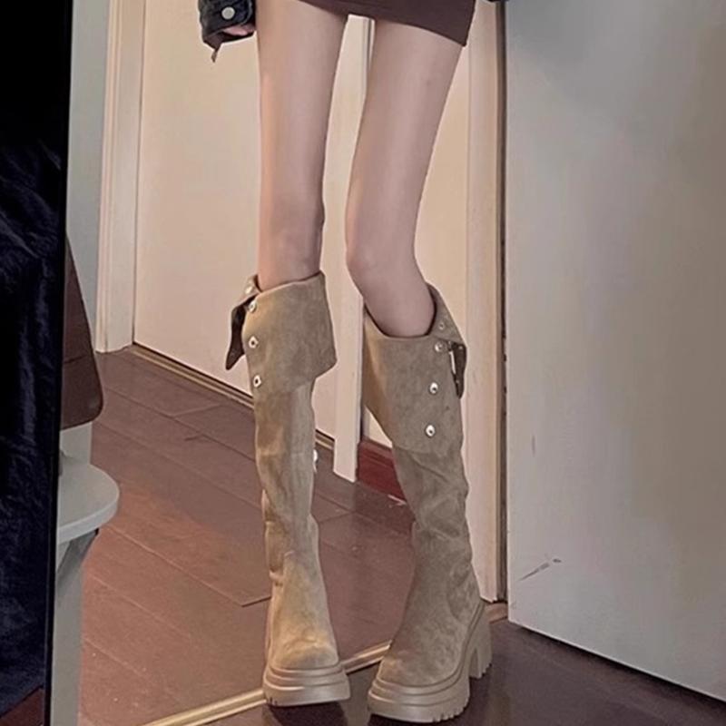 Women's Khaki Suede Over-the-Knee Boots - Chunky Heel, Thick Sole, Versatile, Western Style for Spring & Autumn
