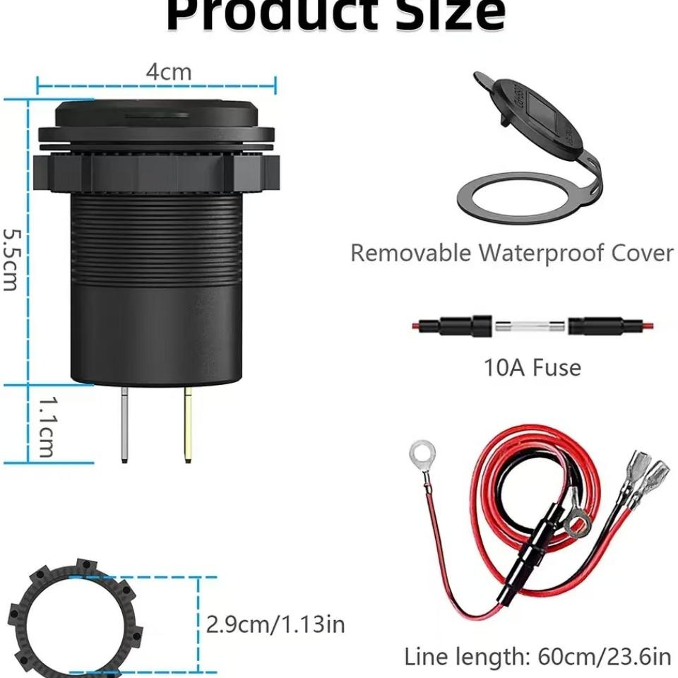 USB C Car Charger Socket 12V/24V Dual USB Socket PD3.0 and QC3.0 Car USB Port With LED Voltmeter and On/Off Switch