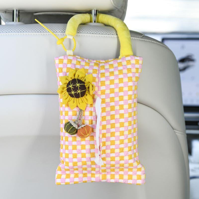 Pink Plaid Fabric Tissue Box Portable Hanging Tissue Case Living Room Container Home Car Towel Napkin Papers Bag Home Decoration