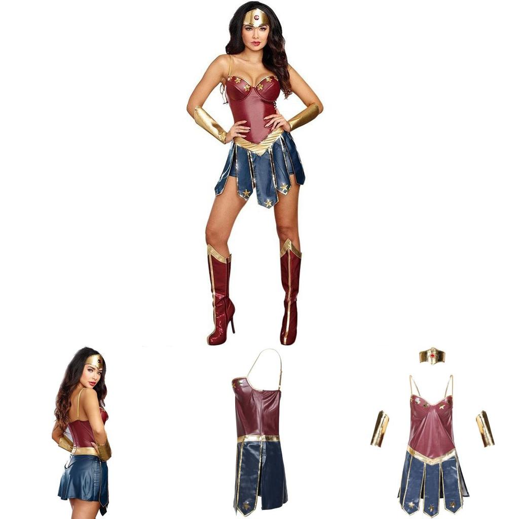 Costume da Supereroina Sexy Wonder Woman in Tessuto di Nylon per Halloween e Feste in Costume