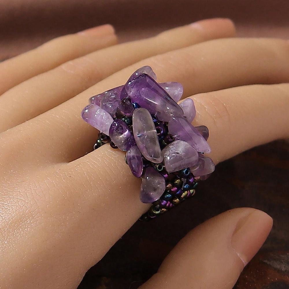 Handmade Bohemian Style Crushed Stone Woven Stretch Bead Wide Ring, Natural Stone Ring, Women's Everyday Casual Jewelry.