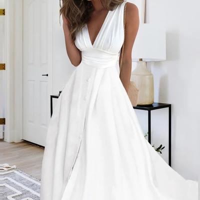 Damen V-Ausschnitt Ärmellos Hohe Taille Elegant Einfarbig Maxikleid Party Abendkleid