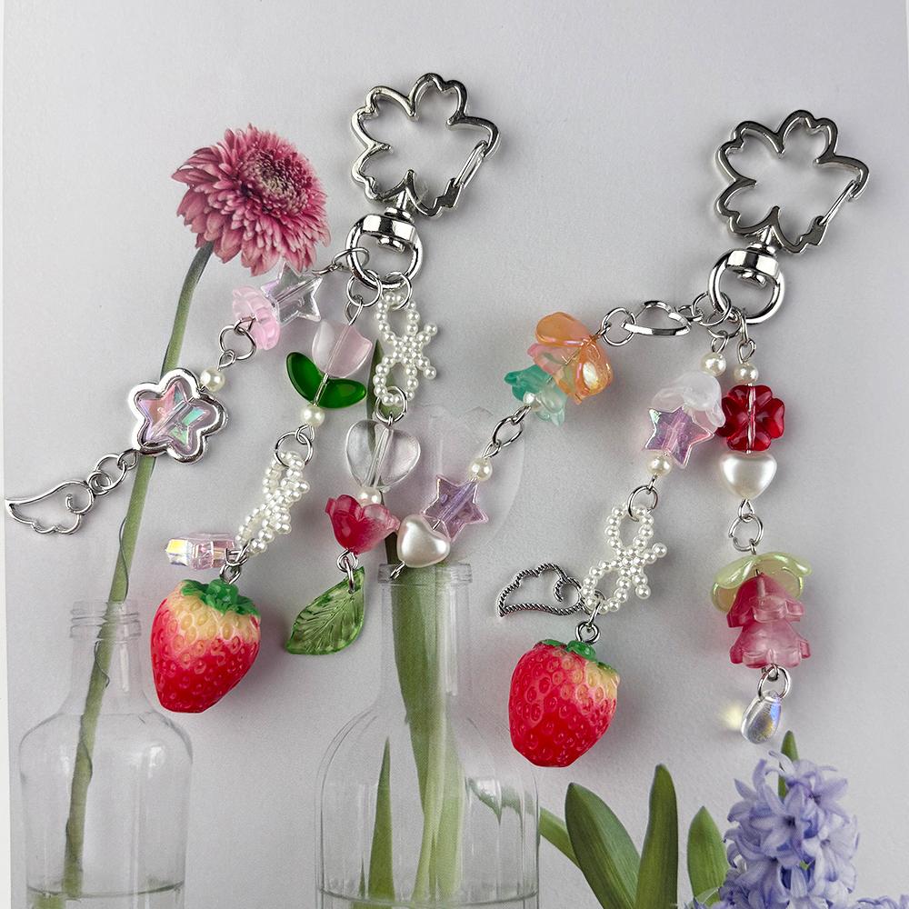 Cute Bear Strawberry Beaded Phone Chain Y2K Coquettish Fairytale Lily Of The Valley Keychain Handbag KeyPendant Accessories Gift
