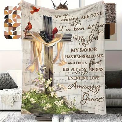 Cross Print Faith Blanket - Soft Flannel Religious Sofa Throw