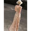 Lanser Women's French Romantic Ruffle Printed Maxi Dress