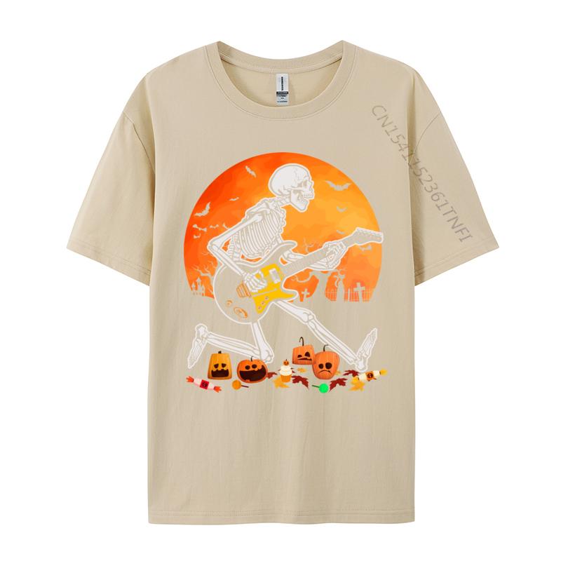 Skeleton Playing Bass Guitar Halloween T Shirt Normal Fall Retro Funny Pure Cotton Camisa Mens Tshirts Funny Clothing
