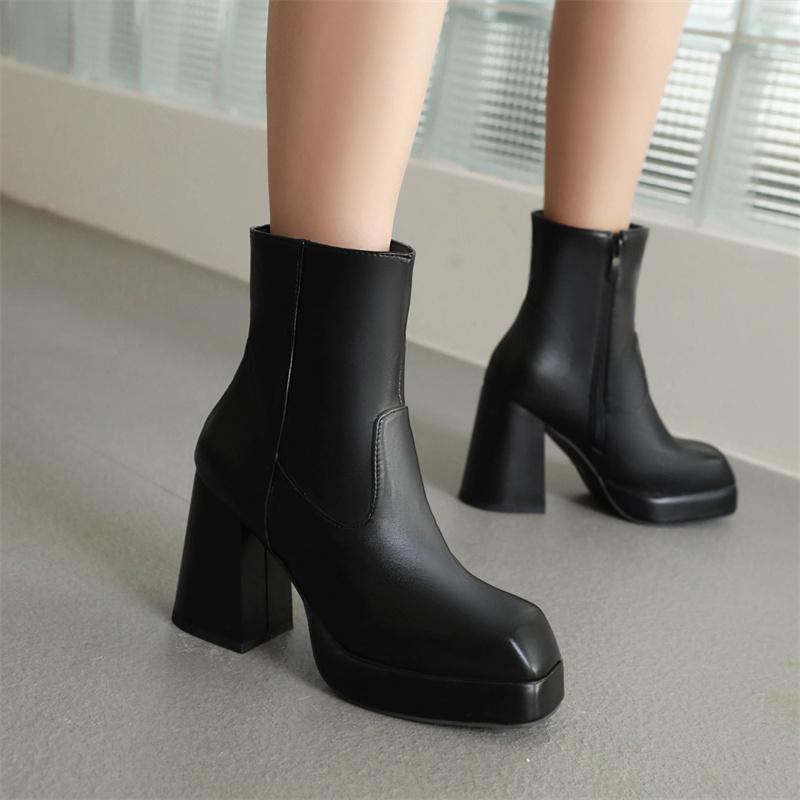 Mode 2024 Neue Damen Stiefeletten Plateau Weiß Schwarz Hohe Absätze Kurzer Stiefel Damen Herbst Winter Partyschuhe Damen Große Größe 45